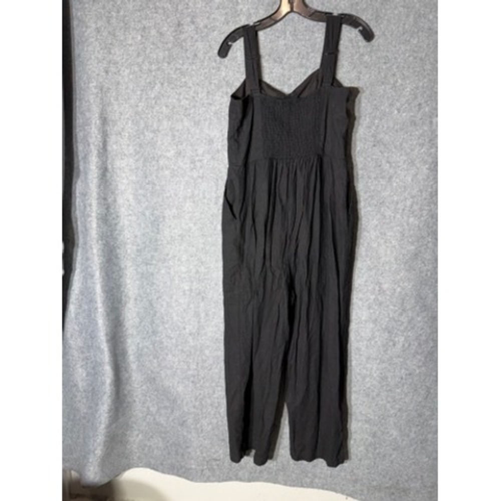 Old Navy Black Linen Blend Wide Leg Jumpsuit Large Smocked Back V-Neck Pocket - Picture 6 of 8